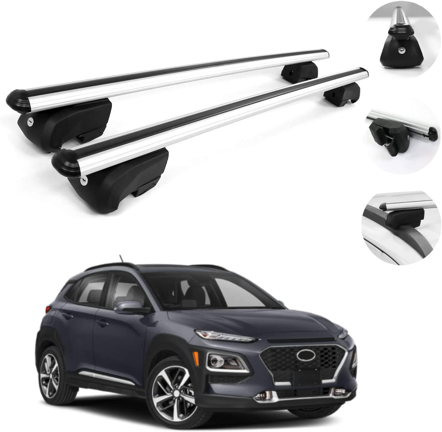 OMAC Automotive Exterior Accessories Roof Rack Crossbars | Aluminum Silver Roof Top Cargo Racks | Luggage Ski Kayak Bike Carriers Set 2 Pcs | Fits Hyundai Kona 2018-2021