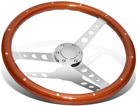 15 Inches Riveted Wood Grain Grip Vintage Steering Wheel 2 Inches Deep Dish Stainless Steel Spokes w/Horn Button