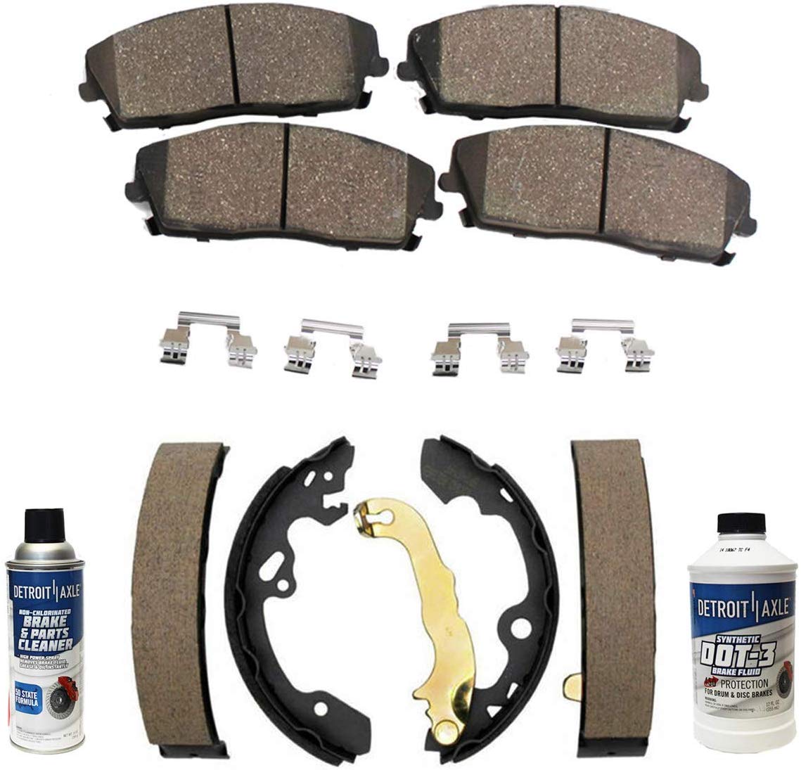 Detroit Axle - Front Ceramic Brake Pads + Rear Brake Shoes w/Brake Cleaner & Fluid for 2000 2001 2002 2003 2004 Ford Focus