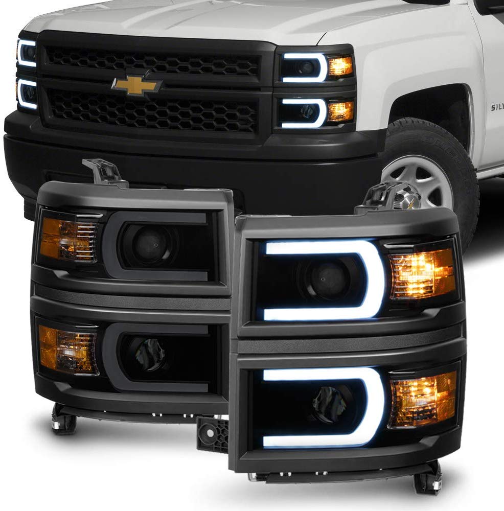 ACANII - For Black Smoke 2014-2015 Chevy Silverado 1500 LED Light Tube Headlights Headlamps Driver + Passenger Side