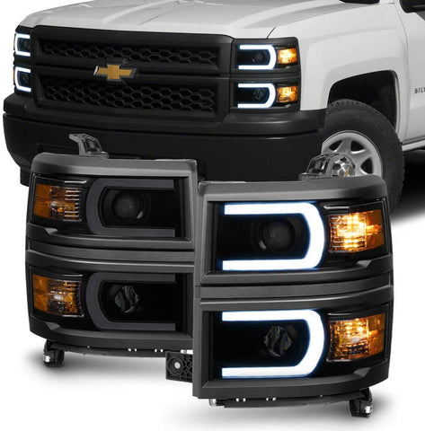 ACANII - For Black Smoke 2014-2015 Chevy Silverado 1500 LED Light Tube Headlights Headlamps Driver + Passenger Side