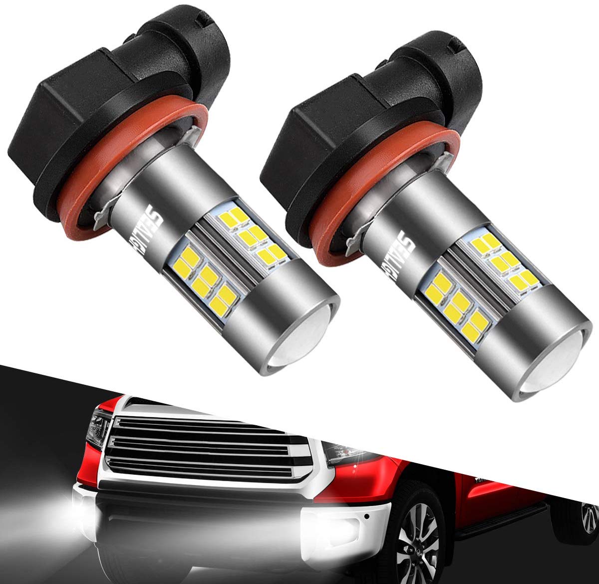 SEALIGHT H11/H8/H16 LED Fog Light Bulbs, 6000K Xenon White, 27 SMD Chips, 360-degree Illumination, Non-polarity, 2-pack