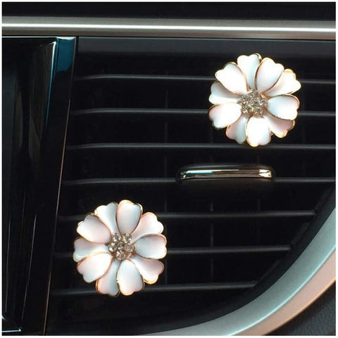 2 Pack Daisy Flowers Car Accessories Cute Car Air Freshener Bling Diamond Air Vent Clips Automotive Interior Trim Car Decorations Gift (White)