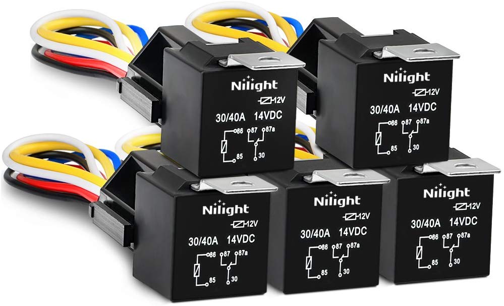 Nilight 50003R Automotive Set 5-Pin 30/40A 12V SPDT with Interlocking Relay Socket and Wiring Harness-5 Pack，2 Years Warranty