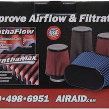 Airaid 723-128 Universal Clamp-On Air Filter: Oval Tapered; 4.5 in (114 mm) Flange ID; 7.25 in (184 mm) Height; 11.5 in x 7 in (292 mm x 178 mm) Base; 9 in x 4.5 in (229 mm x114 mm) Top