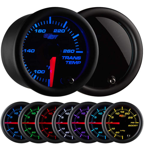 GlowShift Tinted 7 Color 260 F Transmission Temperature Gauge Kit - Includes Electronic Sensor - Black Dial - Smoked Lens - for Car & Truck - 2-1/16