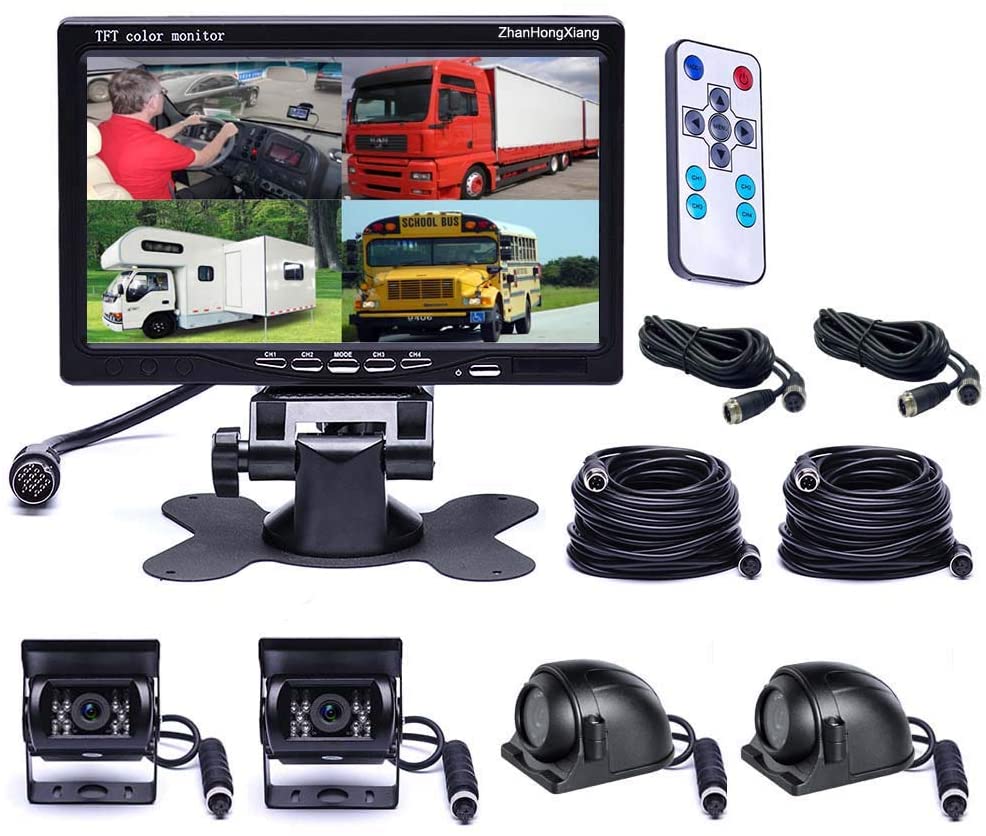 Vehicle Backup Cameras Monitor kit 4 Pin System 12V/24V,4 x Front Side Rear View Camera + 7