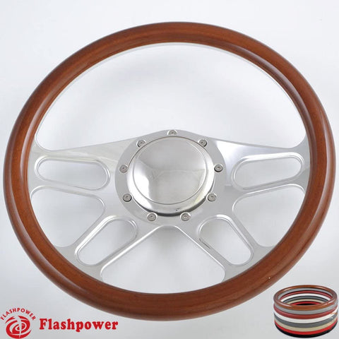 Flashpower 14'' Billet 4-slot Half Wrap 9 Bolts Steering Wheel with 2'' Dish and Horn Button (Walnut Wood)