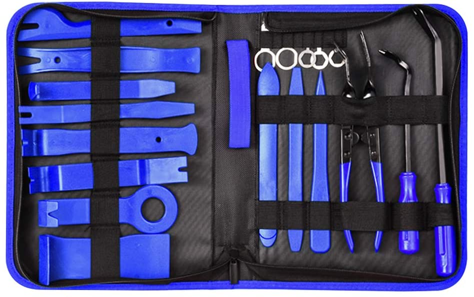 MICTUNING 19Pcs Auto Audio Trim Removal Tool Set & Clip Plier Upholstery Fastener Remover Nylon Dash Door Panel Stereo Tool Kits (Blue)