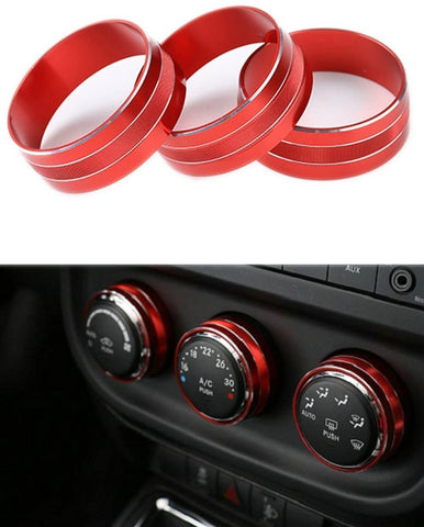 Danti 3pcs Audio Air Conditioning Button Cover Decoration Twist Switch Ring Trim for Jeep Wrangler JK JKU Patriot Liberty 2011-2018 Dodge Challenger 2008-2014 (Red)