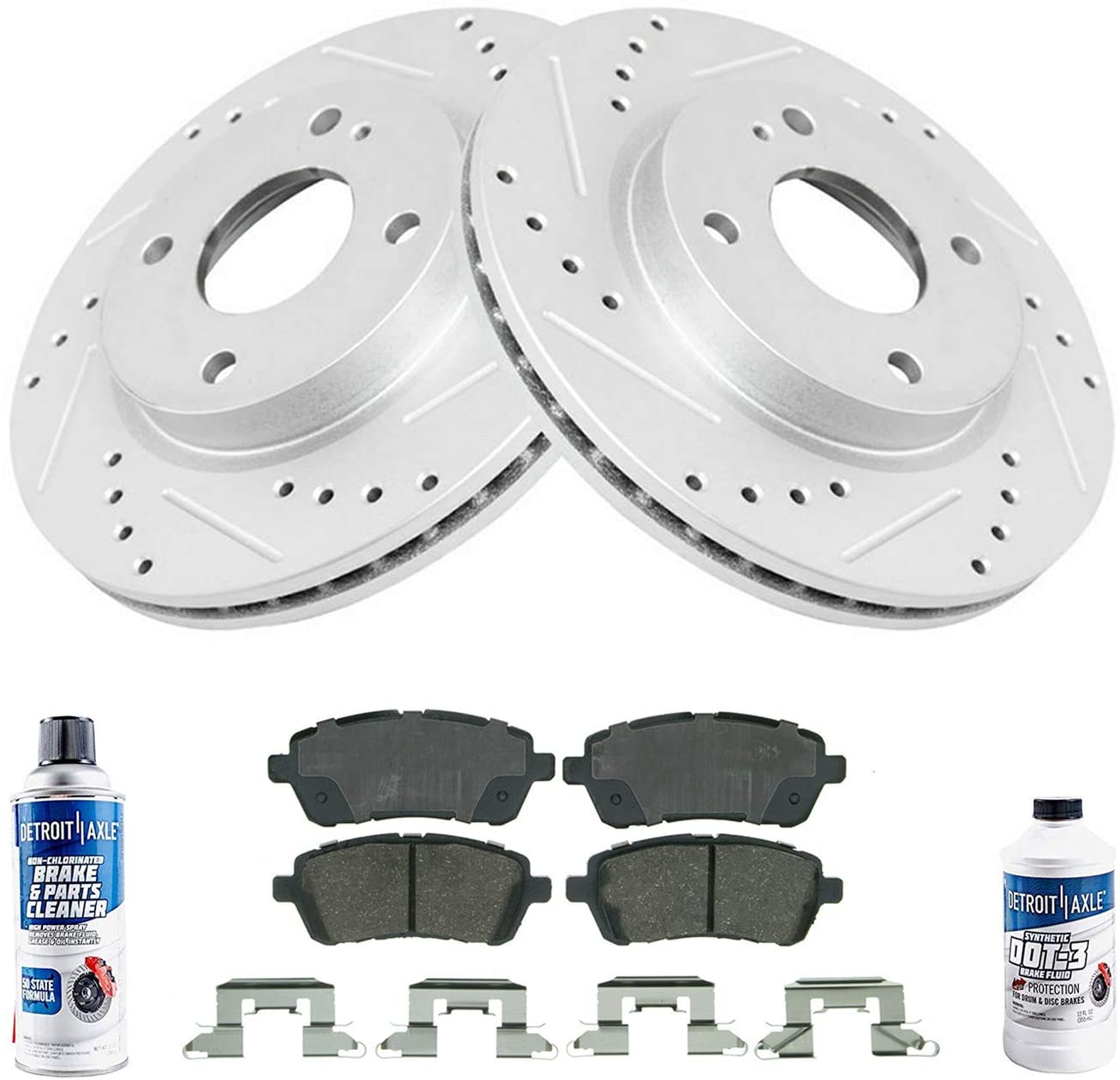 Detroit Axle - 258mm Pair (2) Front Drilled and Slotted Disc Brake Kit Rotors w/Ceramic Pads w/Hardware & Brake Kit Cleaner & Fluid for 2011 2012 2013 2014 2015-2019 Ford Fiesta NO ST