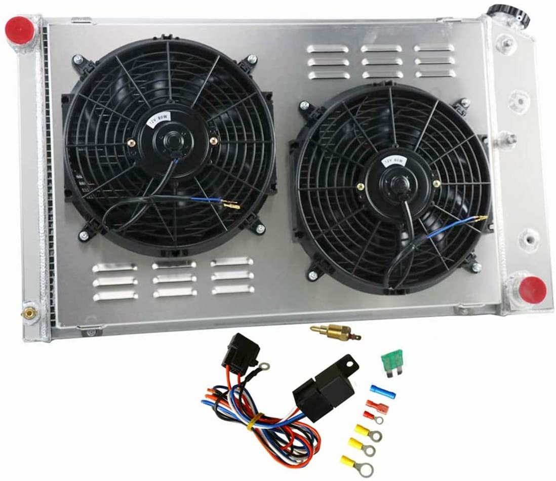 CoolingSky 3 Row Aluminum Radiator +Fan Shroud&Thermostat Kit Combo for 1973-80 Chevy&GMC C/K Series C10 C20 C30 Pickup /70-81 Camaro /80-86 Caprice /68-73 Chevelle &More GM Models - 32