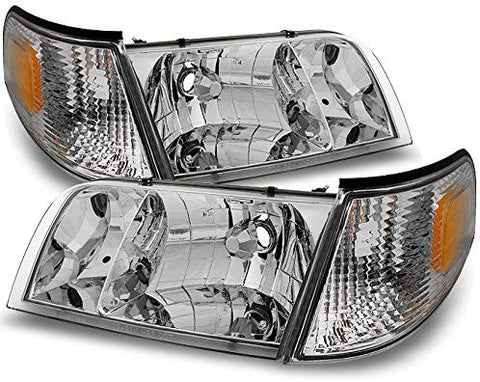 For Ford Crown Victoria Clear Replacement Headlights W/Corner Lamps 4pc Left + Right Pair Set