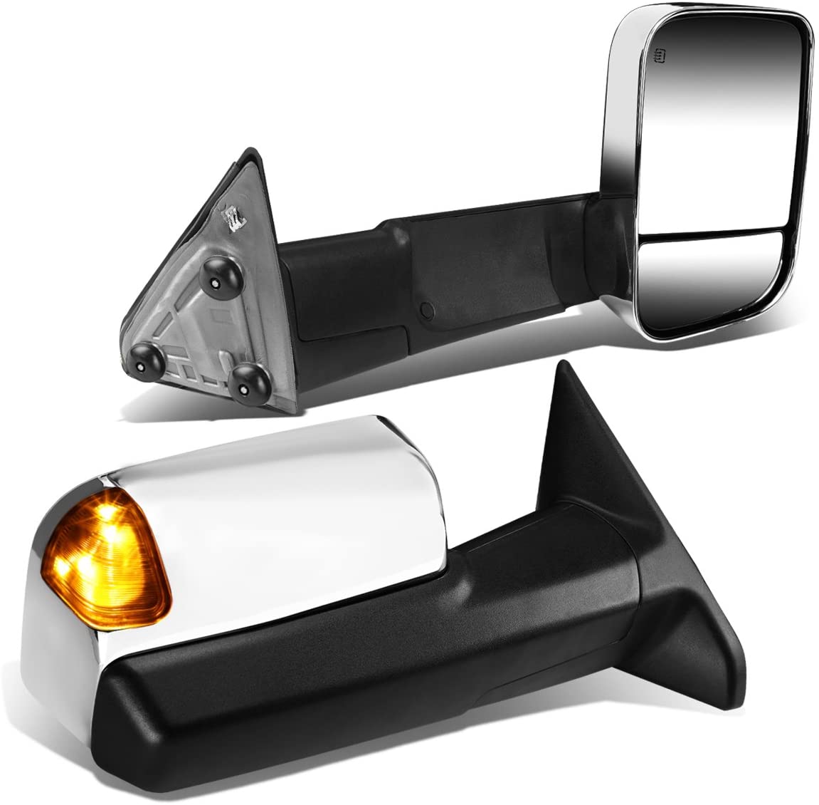 Pair Chrome Power Heated Amber LED Turn Signal Lights Tow Mirrors w/Puddle Lamps Replacement for Dodge Ram 09-16