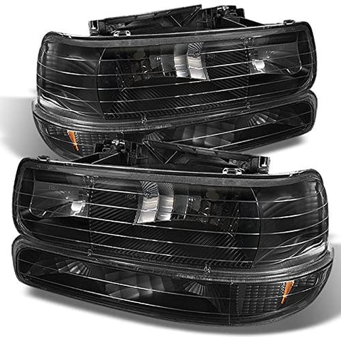 4 Pieces Combo For 99-02 Sivlerado 2000-2006 Suburban Tahoe Black Headlights Front Lamps + Bumper Signal Lights Pair