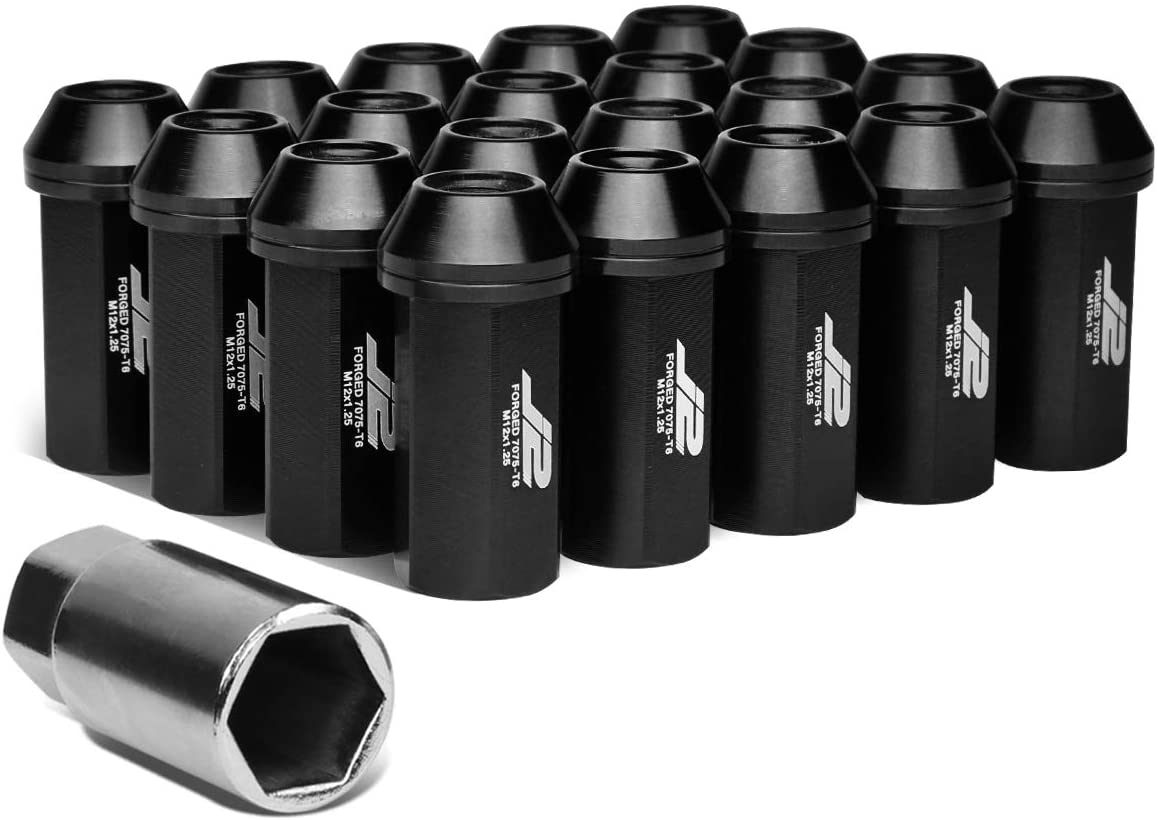 J2 Engineering LN-T7-005-125-BK 20Pcs M12 x 1.25 7075-T6 Aluminum 50mm Close-End Lug Nut w/Socket Adapter (Black)