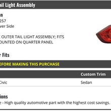 Left Driver Side Outer Tail Light Assembly - Quarter Panel Mounted - Compatible with 2016-2019 Honda Civic Sedan