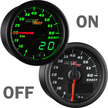 MaxTow Double Vision 60 PSI Turbo Boost Gauge Kit - Includes Electronic Pressure Sensor - Black Gauge Face - Green LED Illuminated Dial - Analog & Digital Readouts - for Diesel Trucks - 2-1/16" 52mm