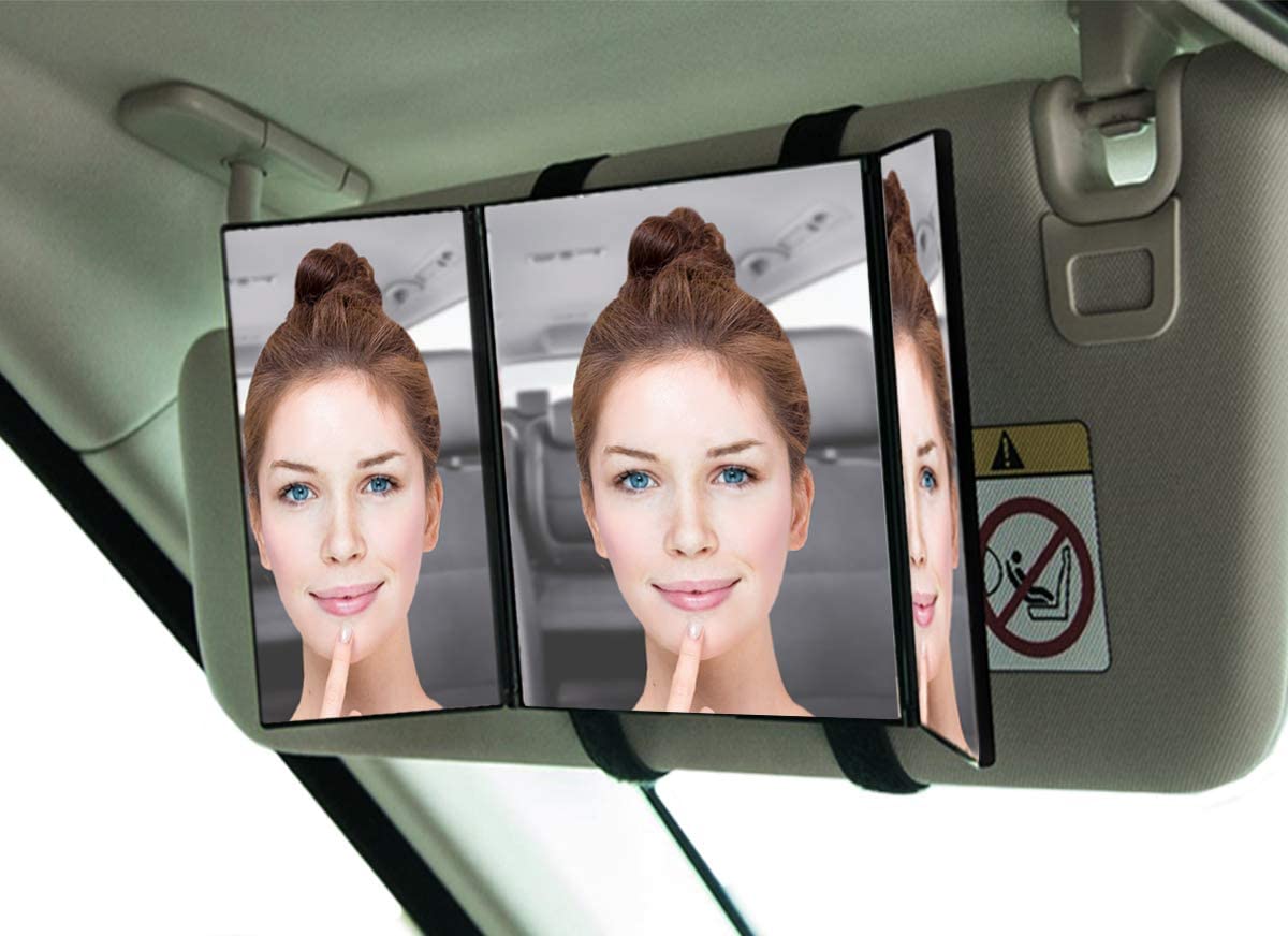 Zento Deals Car Visor Cosmetic Vanity Mirror Clip On Auto Sun Visor Mirror-Makeup Travel Tri Fold Universal Fit Auto Mirror for Truck Car SUV RV Van Jeep Sun Car Visors Mirror