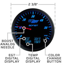 GlowShift 3in1 Analog 60 PSI Boost Gauge Kit with Digital 2200 F Pyrometer Exhaust Gas Temp EGT & 300 F Temperature Readings - 10 Selectable LED Colors - Black Dial - Clear Lens - 2-3/8" 60mm