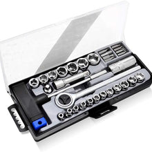 YUFANYA 32 Pcs SAE Car Repair Tool Box Kit Auto Mechanics Tool Set 3/8 , 1/4Inch Socket Ratchet Wrench Extension Bars Socket Adapter With Storage Box Automotive Maintenance and Repair Tool Kit