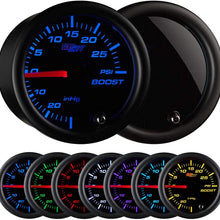 GlowShift Tinted 7 Color 30 PSI Turbo Boost / Vacuum Gauge Kit - Includes Mechanical Hose & T-Fitting - Black Dial - Smoked Lens - For Car & Truck - 2-1/16" 52mm
