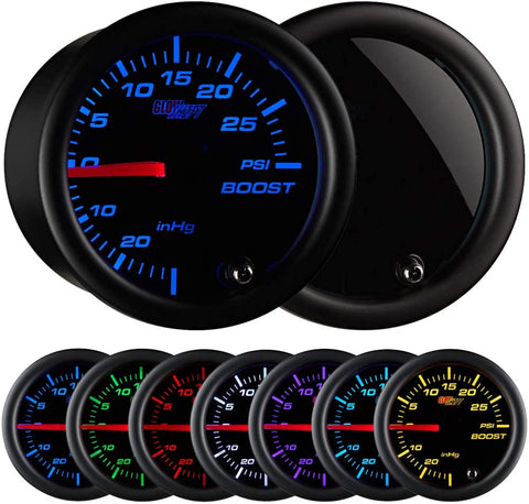 GlowShift Tinted 7 Color 30 PSI Turbo Boost / Vacuum Gauge Kit - Includes Mechanical Hose & T-Fitting - Black Dial - Smoked Lens - For Car & Truck - 2-1/16