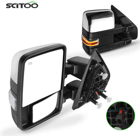 SCITOO Towing Mirrors with Puddle Light Chrome Tow Mirrors Compatible Fit for 2004-2014 F-150 with Auxiliary Lights Turn Signal Power Control Heated Manual Telescoping Folding