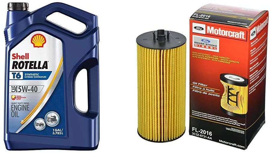 Shell Rotella T6 Full Synthetic 5W-40 Diesel Engine Oil (1-Gallon, Case of 3) + Motorcraft FL-2016 Oil Filter