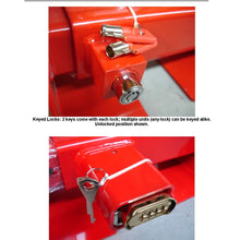 Stabilizer Lock keyed STBL Secures a Stabilizer or Outrigger in The Down Position with a Wheel Off The Ground, Safety Red