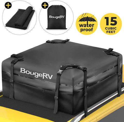 BougeRV Rooftop Cargo Carrier Bag with Protective Mat 15 Cubic Feet Waterproof Car Roof Carrier Bag Roof Top Cargo Luggage Storage Bag for Cars with Roof Racks or Cross Bars SUV Van Truck