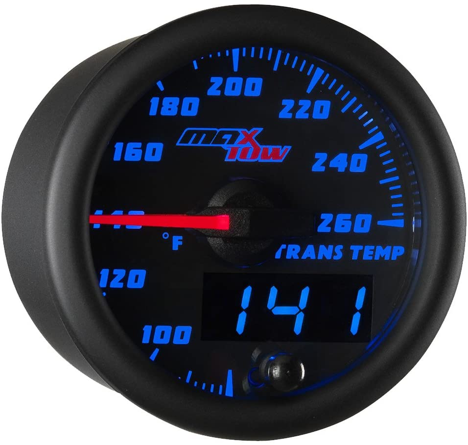 MaxTow Double Vision 260 F Transmission Temperature Gauge Kit - Includes Electronic Sensor - Black Gauge Face - Blue LED Illuminated Dial - Analog & Digital Readouts - for Trucks - 2-1/16