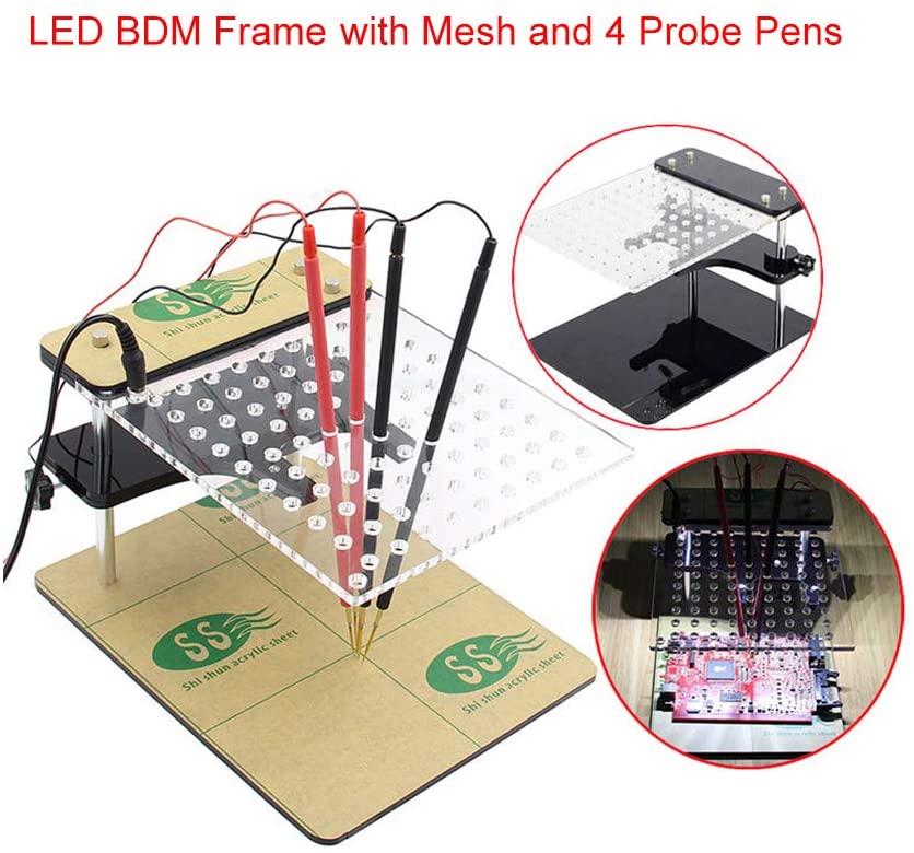 Bestycar LED BDM Frame Adapter Tester for FGTECH BDM100 Kess KTAG K-TAG ECU Programmer Tool ECU Modification Program Bracket Brush Test Stand Frame with Mesh and 4 Probe Pens Height Adjustable