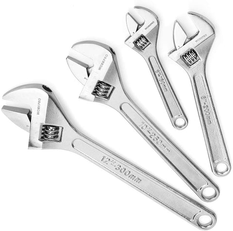 WORKPRO 4-piece Adjustable Wrench Set, Forged, Heat Treated, Chrome-plated (6-inch, 8-inch, 10-inch, 12-inch)