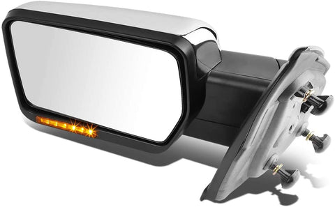 Right Passenger Side Chrome Manual Folding w/Amber LED Turn Signal Light Towing Mirror Replacement for Ford F-150 04-14