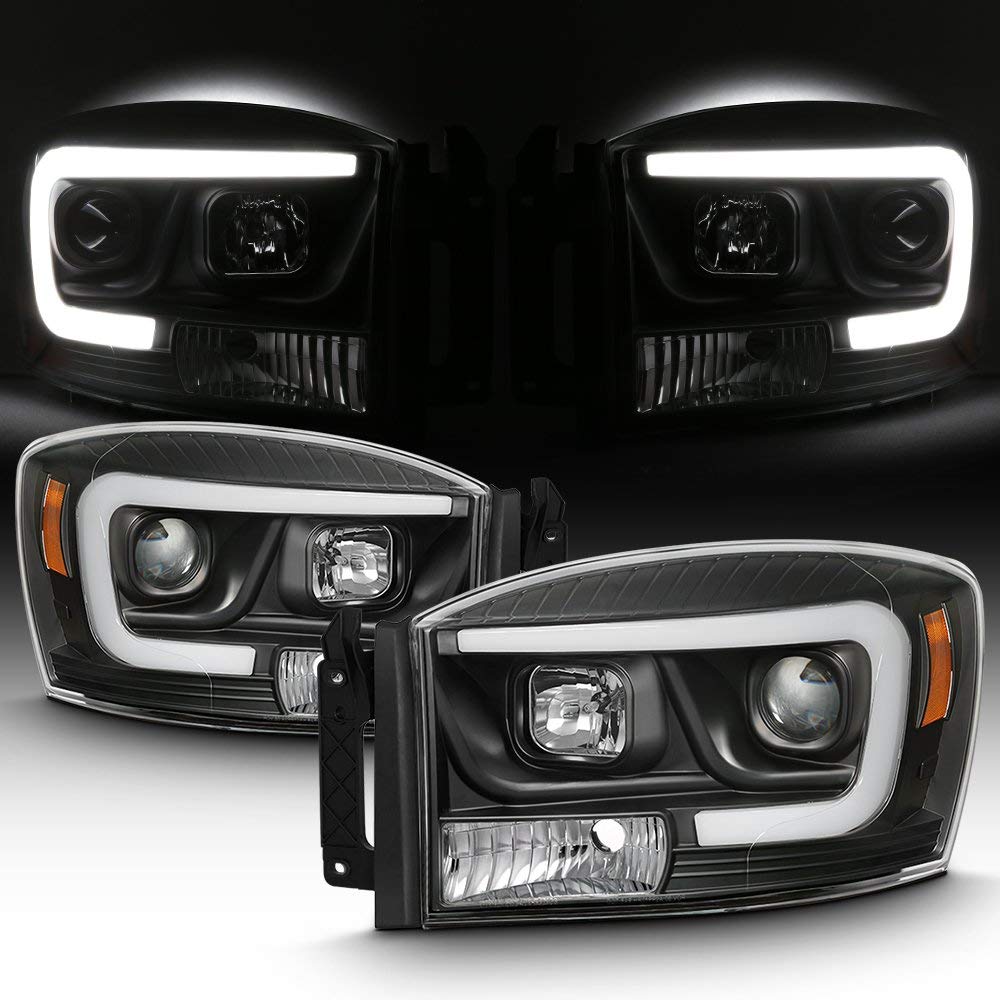 For 2006-2008 Dodge RAM 1500 & 06-09 Dodge RAM 2500/3500 LED Daytime Running Lamp Bar Projector Headlights Black Combo