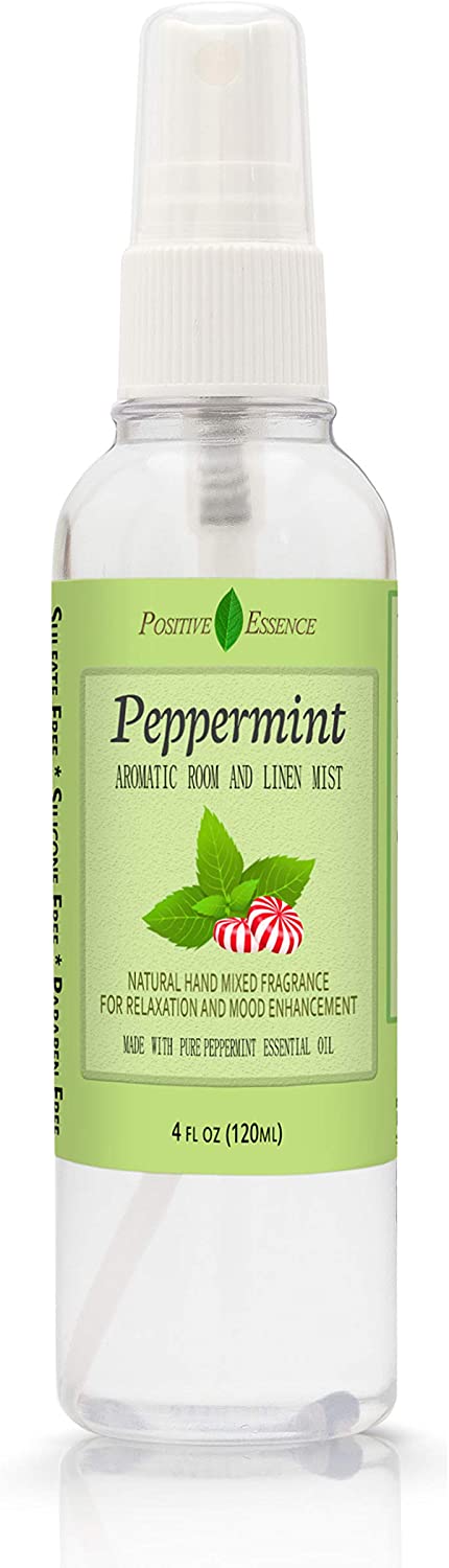 Positive Essence Peppermint Linen and Room Spray, Natural Aromatic Mist Made with Pure Peppermint Essential Oil, Relax Your Body & Mind, Perfect as a Bathroom Air Freshener Odor Eliminator