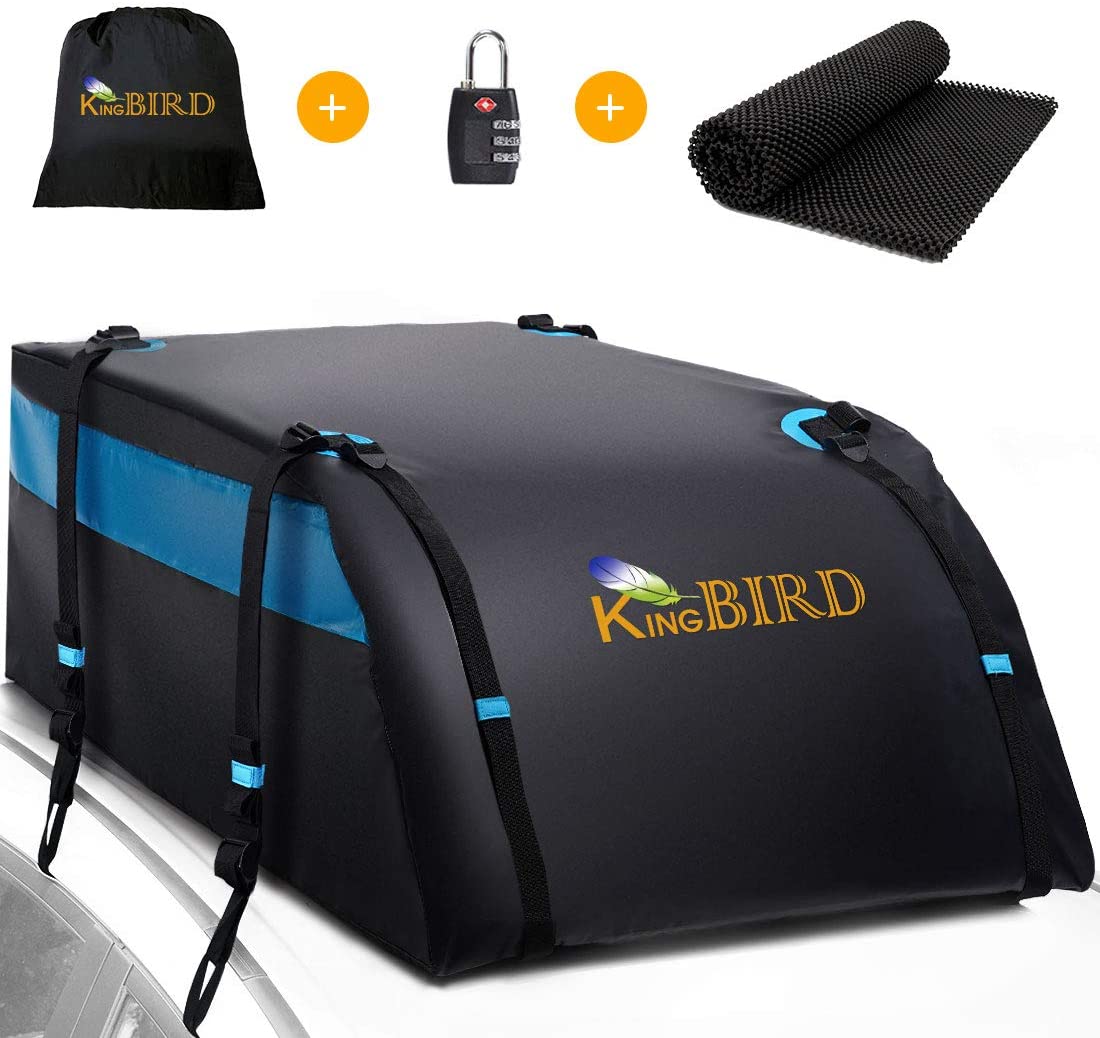 KING BIRD 100% Waterproof Roof Cargo Carrier Bag with Non-Slip Mat, 20 Cubic Feet Aerodynamic Car Top Carrier Fit All Vehicles with/Without Rack