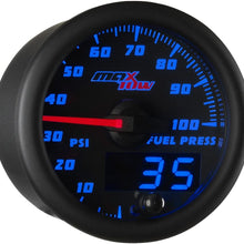 MaxTow Double Vision 100 PSI Fuel Pressure Gauge Kit - Includes Electronic Sensor - Black Gauge Face - Blue LED Illuminated Dial - Analog & Digital Readouts - for Trucks - 2-1/16" 52mm