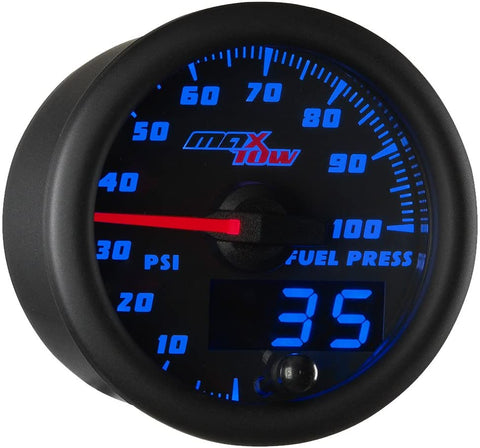 MaxTow Double Vision 100 PSI Fuel Pressure Gauge Kit - Includes Electronic Sensor - Black Gauge Face - Blue LED Illuminated Dial - Analog & Digital Readouts - for Trucks - 2-1/16