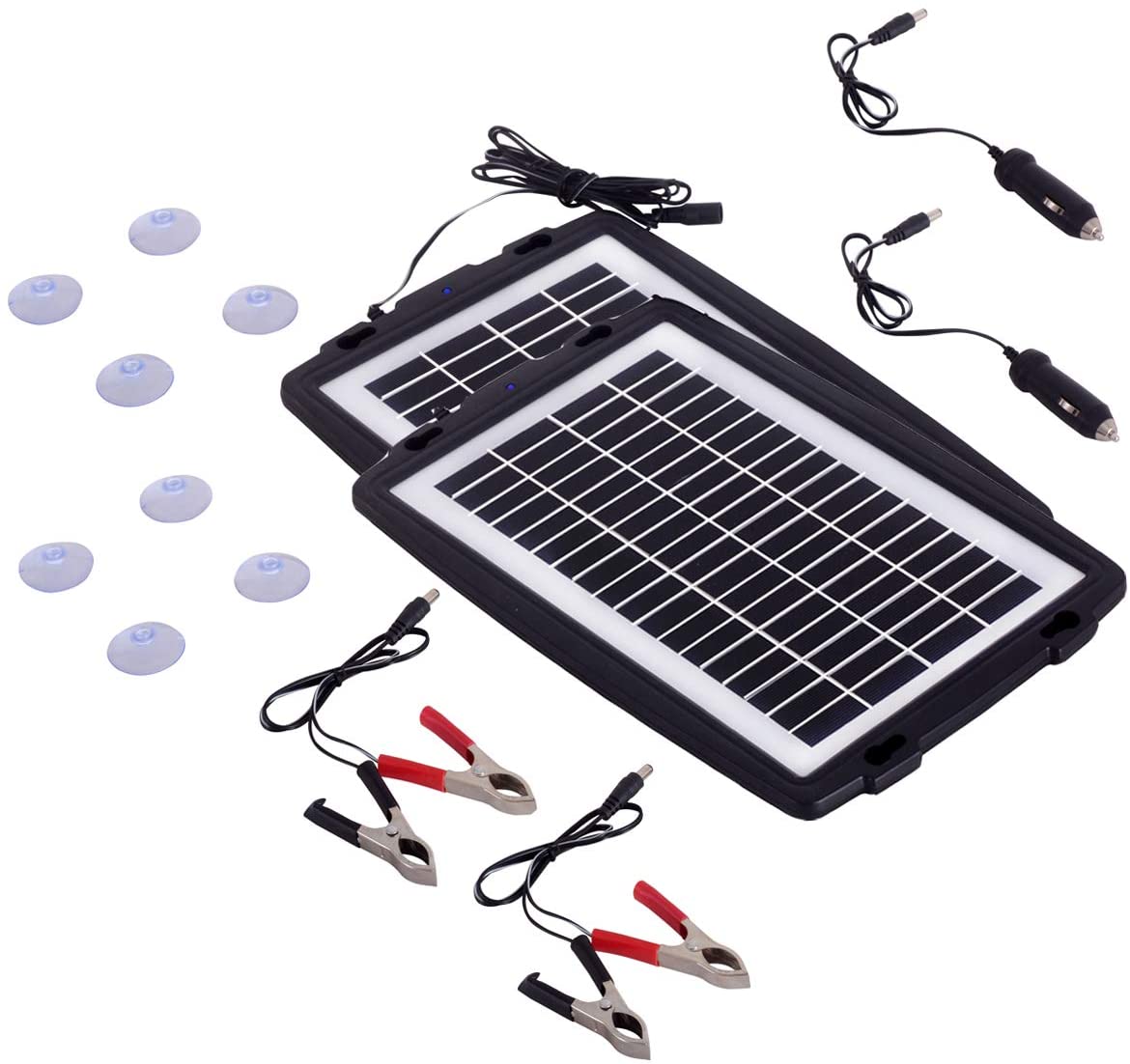 MEGSUN Solar Battery trickle Charger (2 Pairs) with Plug, Battery Clip Module and Suction Cups Portable and Waterproof for Automotive, Motorcycle, Boat, RV, Powersports, Marine, Snowmobile, etc.