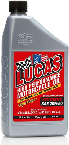Lucas Oil 10702-PK6 High Performance Synthetic 20W-50 Motorcycle Oil - 1 Quart Bottle - pack of 6