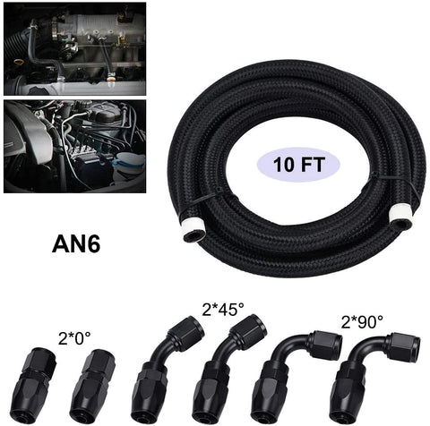 PTNHZ 10FT/3M Nylon SS Braided 3/8 Fuel Line AN 6 Oil/Gas/Fuel Hose Line Aluminum Hose End Fitting Kit(6 PCS Hose Adaptors)