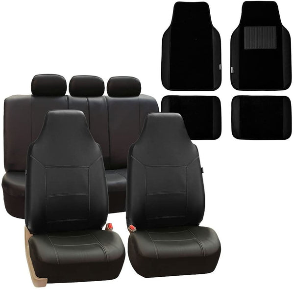 FH Group FH-PU103115 High Back Royal PU Leather Car Seat Covers Airbag Compatible & Split with F14408 Carpet Floor Mats, Beige/Black- Fit Most Car, Truck, SUV, or Van