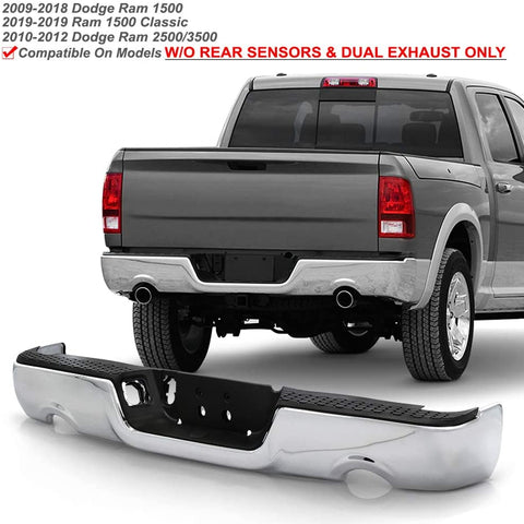 ACANII - For 2009-2018 Dodge Ram 1500 w/Dual Exhaust w/o Sensor Holes Chrome Steel Rear Step Bumper Complete Assembly