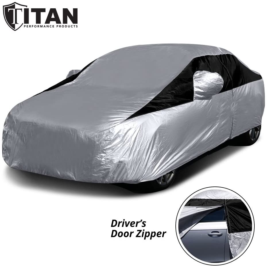 Titan Lightweight Car Cover. Compact Sedan. Compatible with Toyota Corolla, Sentra, and More. Waterproof Car Cover Measures 185 Inches and Includes a Driver-Side Door Zipper.