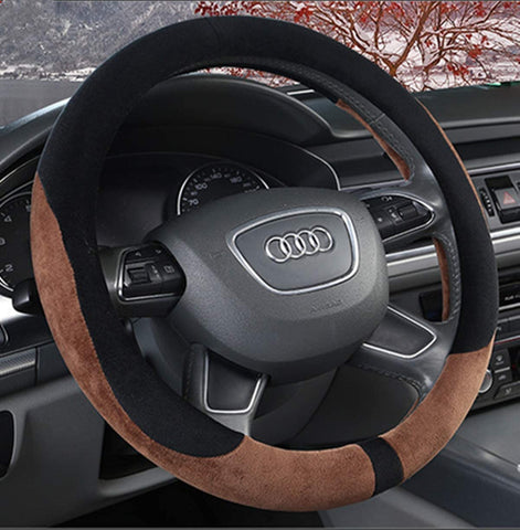 KAFEEK Steering Wheel Cover for Winter Warm, Short Microfiber Plush, Universal 15 inch, Anti-Slip, Odorless, Brown &Black