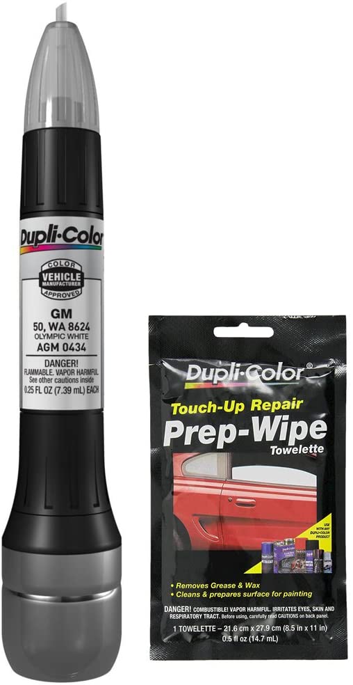 Dupli-Color AGM0434 Olympic White Exact-Match Scratch Fix All-in-1 Touch-Up Paint for GM Vehicles (50, WA 8624) Bundle with Prep Wipe Towelette (2 Items)