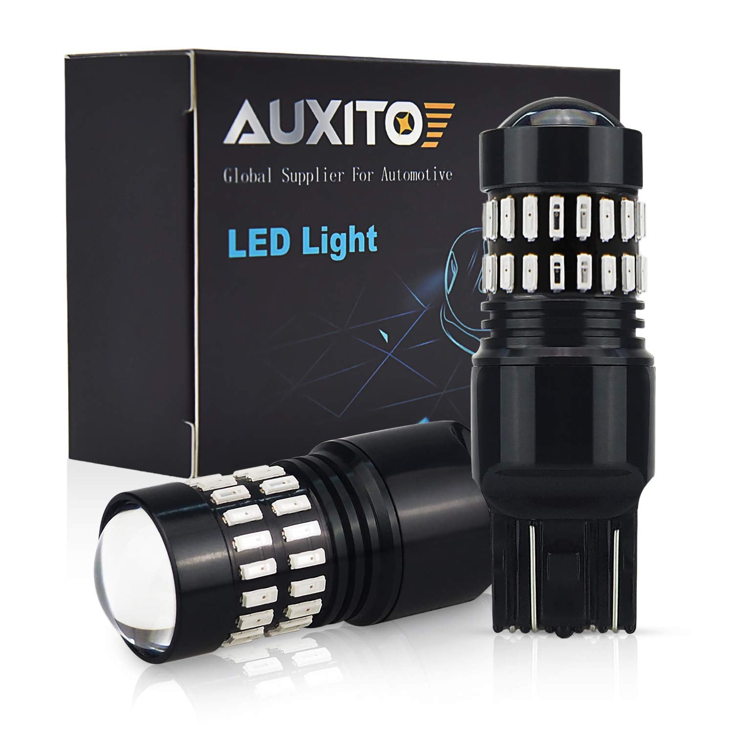 AUXITO Brilliant Red 7443 LED Bulbs 48-SMD 4014 LED Chipsets 7440 7441 7444 992 W21W LED Bulbs with Projector for Brake Lights (Pack of 2)