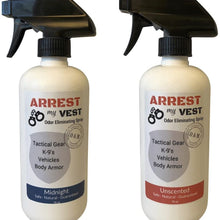 Arrest My Vest Odor Eliminating Spray for Body Armor, K-9's and Vehicles 2 16 oz Bottles, 1 Midnight Fragrance and 1 Unscented. Completely Safe on All Body Armor, Fabrics, Upholstery and Leather